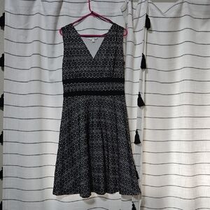 Black and White A-Line V-Neck Midi Dress